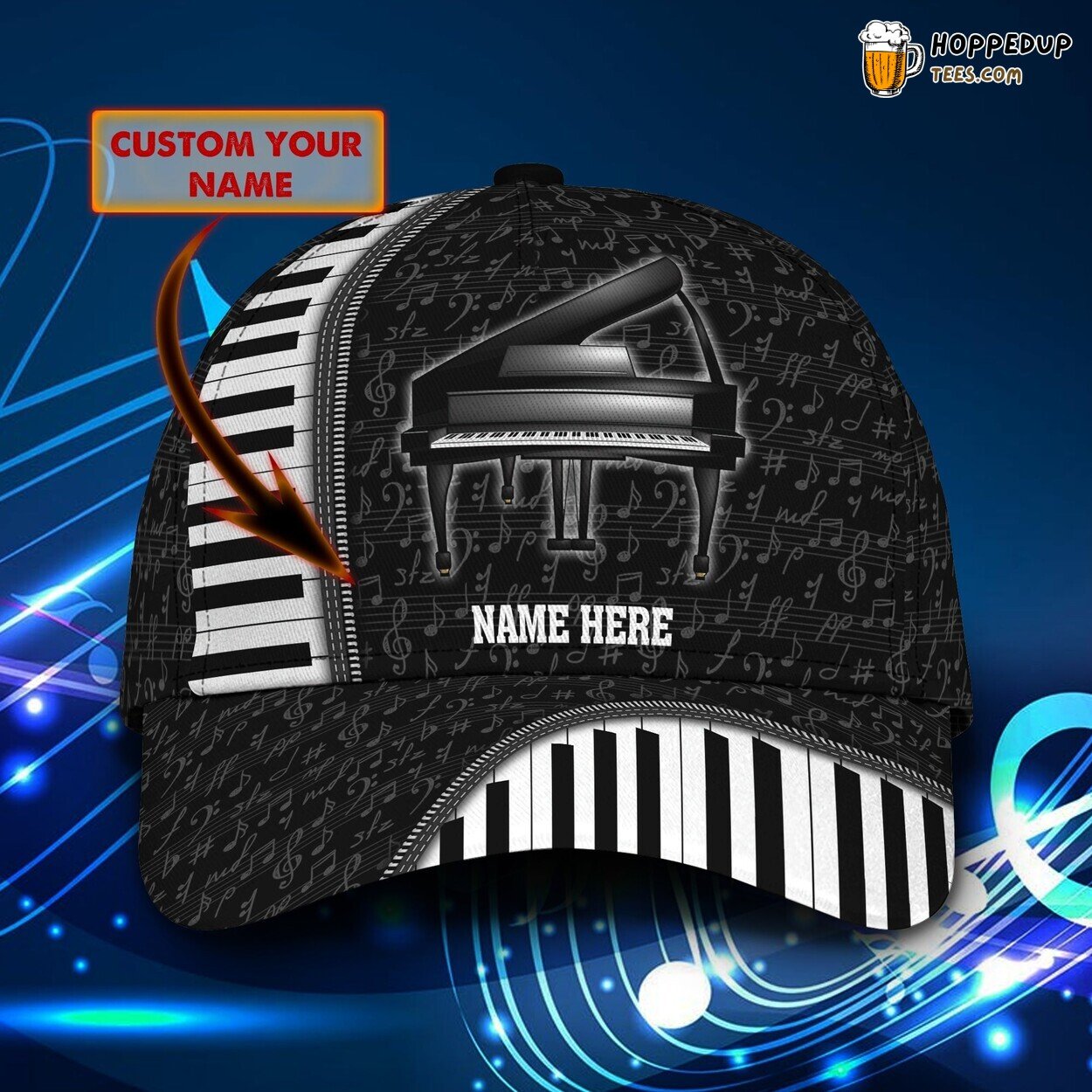 3D Classic Cap Celebrating Piano Passion Personalized Name Hat Design
