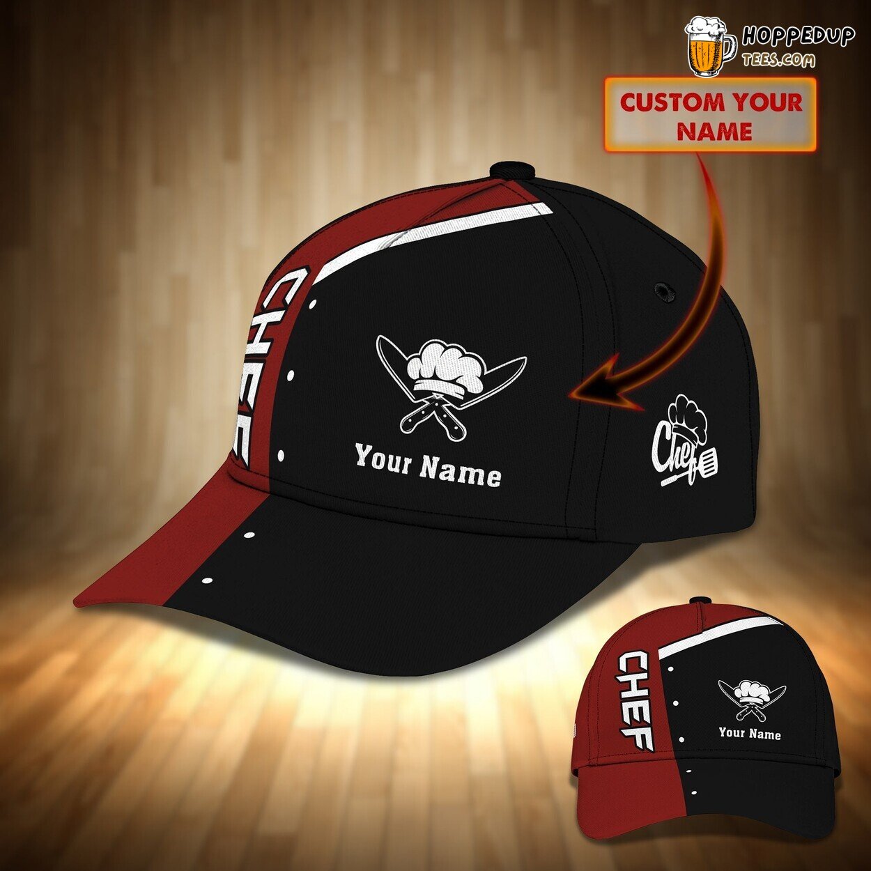 3D Classic Cap Chef Cook Black Red Theme Personalized Name Hat Design