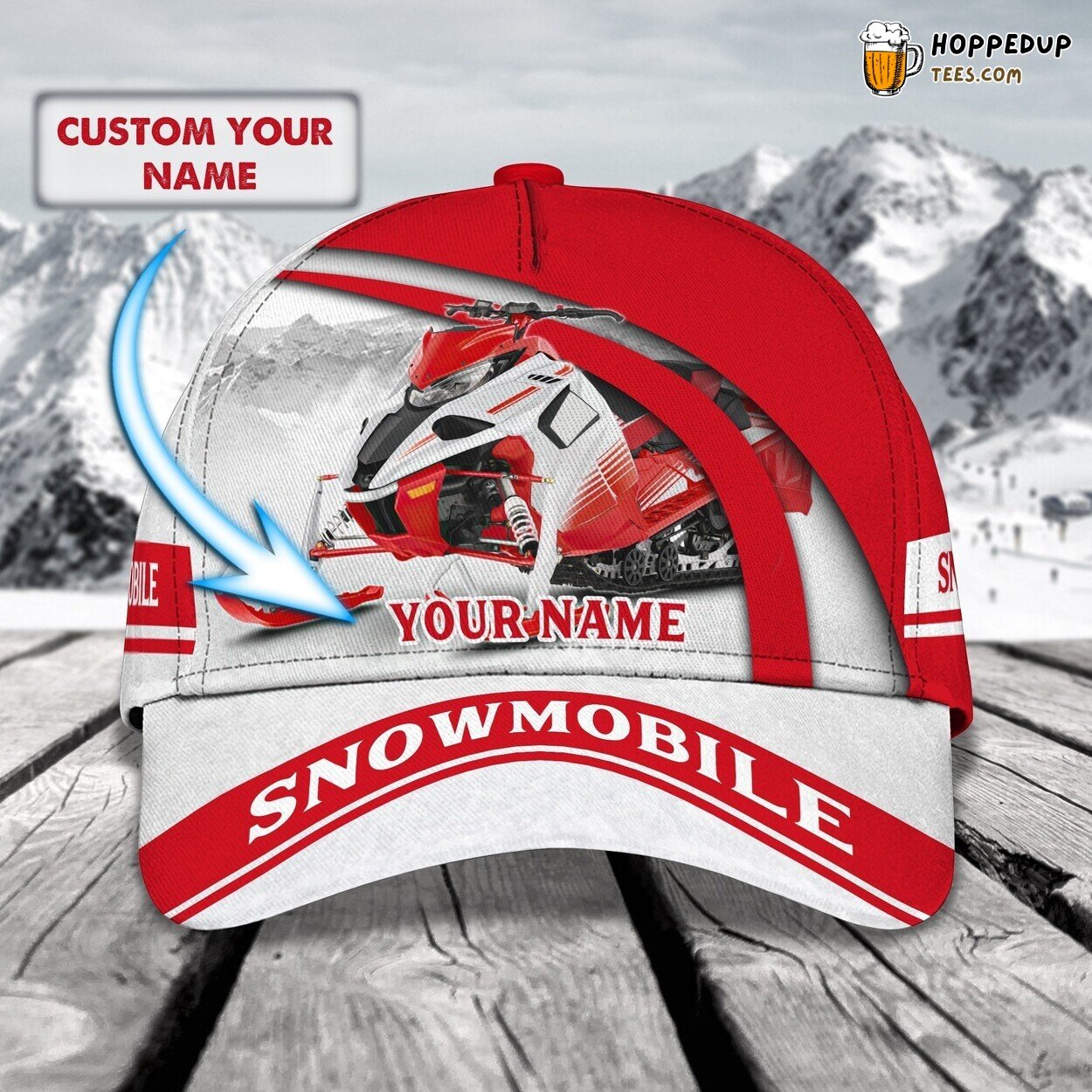 3D Classic Cap Red Snowmobile Enthusiast Personalized Name Hat Design