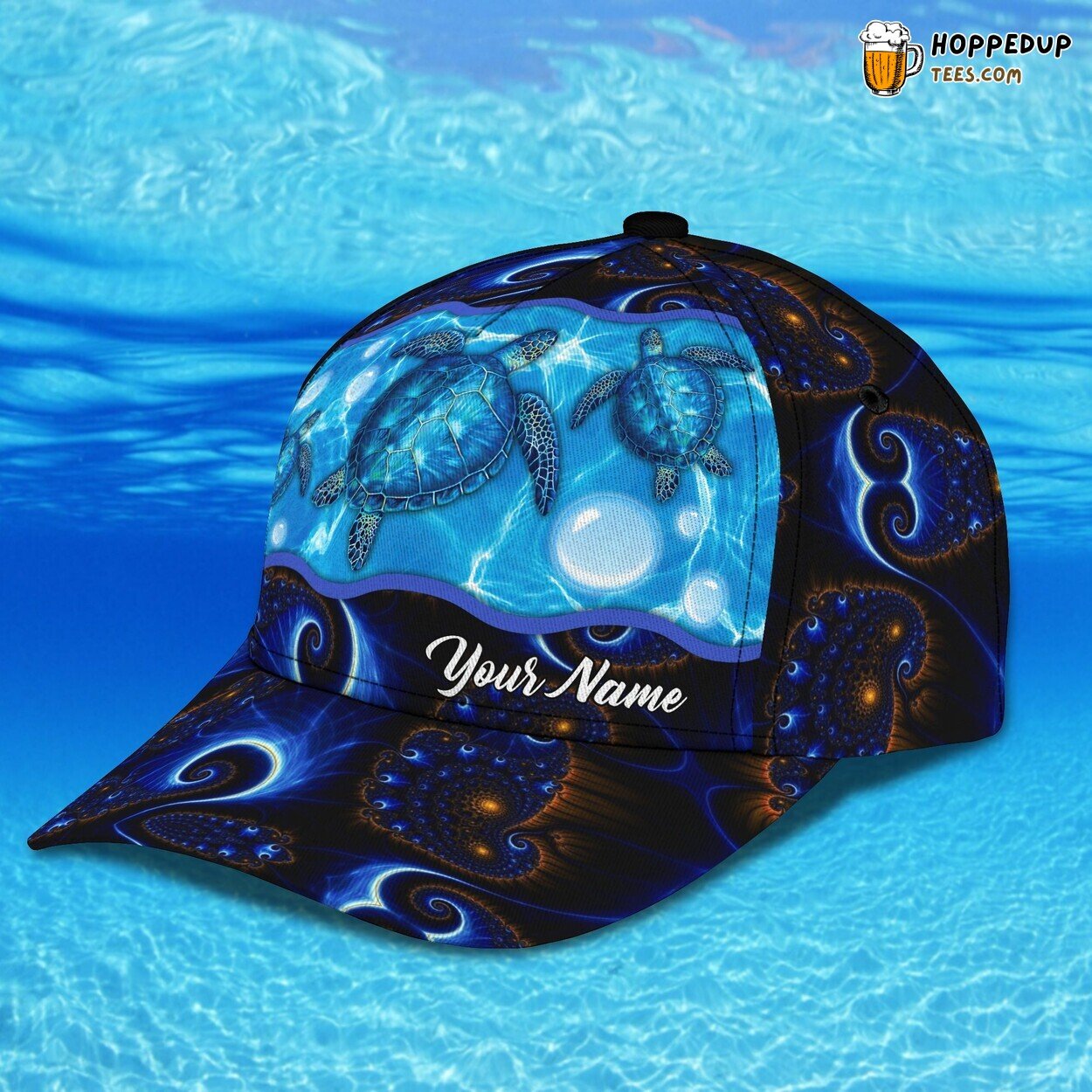 3D Classic Personalized Name Cap Showcasing Blue Turtle Theme