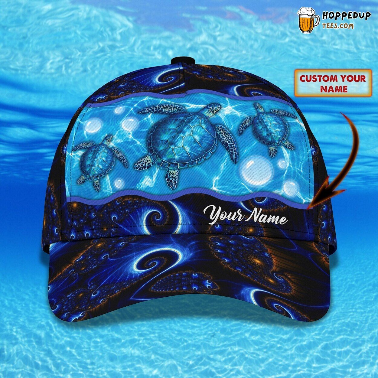 3D Classic Personalized Name Cap Showcasing Blue Turtle Theme