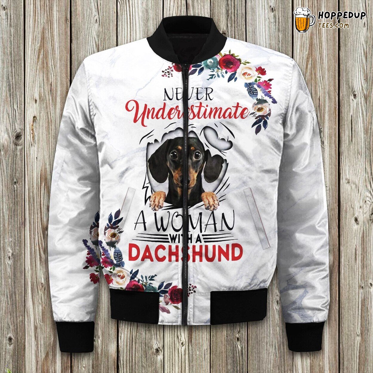 A Woman With A Dachshund Bomber Jacket