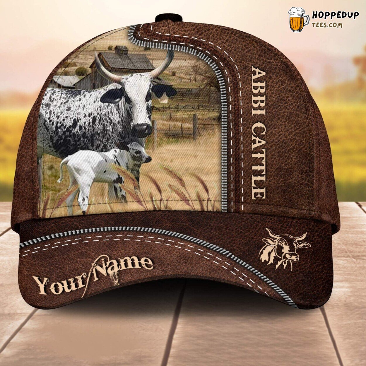 Abbi Cattle 3D Leather Pattern Custom Cap Baseball Animal Lover Farm Gift