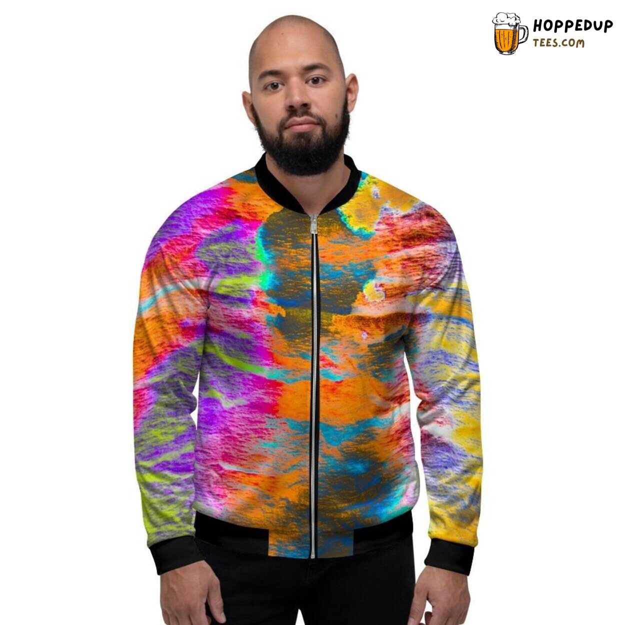 Abstract Artistic Tie Dye Fusion Men’s Bomber Jacket Vibrant Color Spectrum
