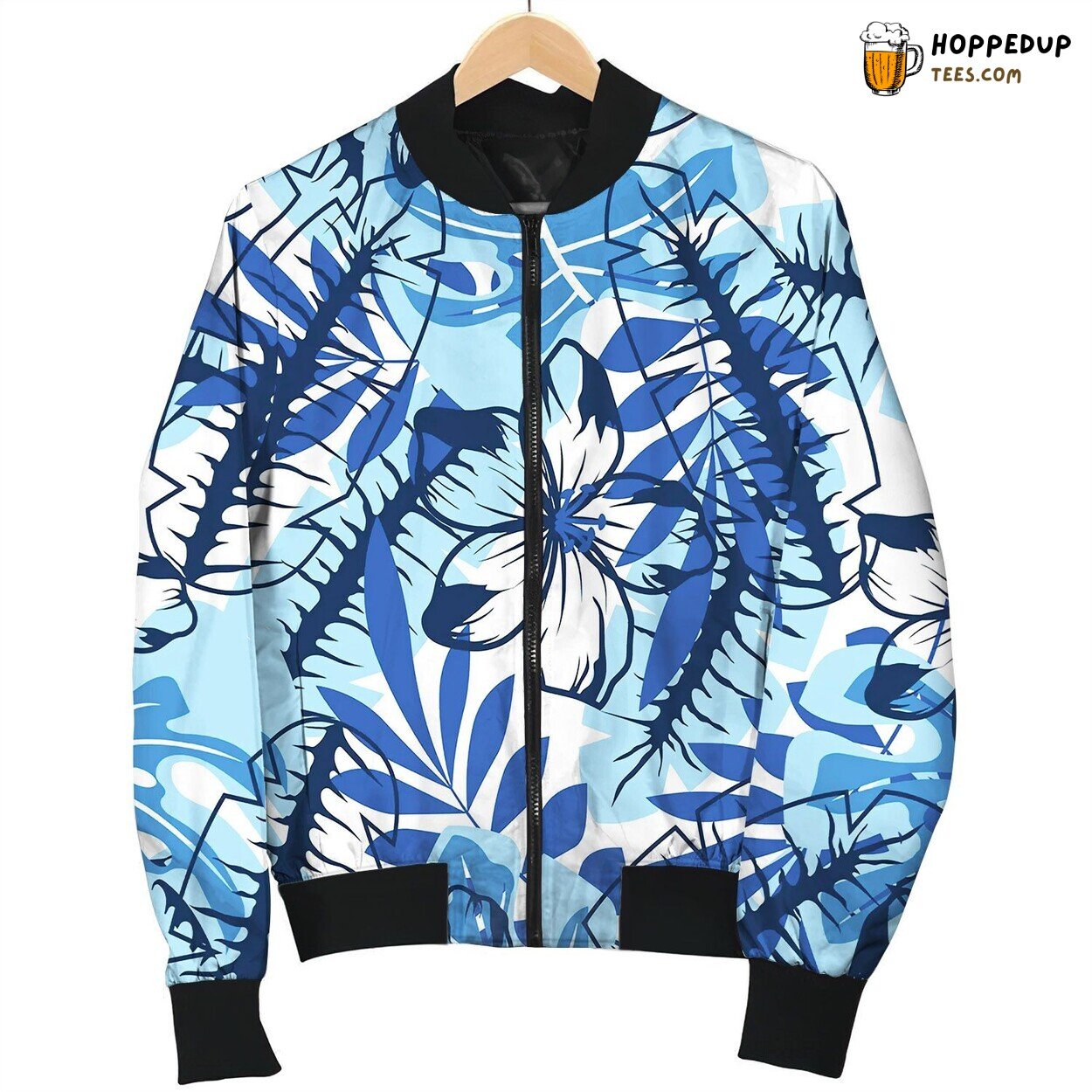 Abstract Blue Flower Pattern Bomber Jacket