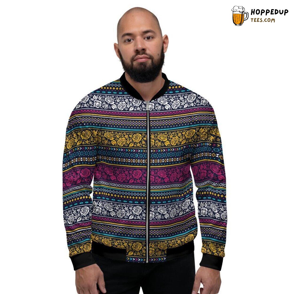 Abstract Floral Rose Multicolor Tribal Aztec Men’s Bomber Jacket Art Fusion