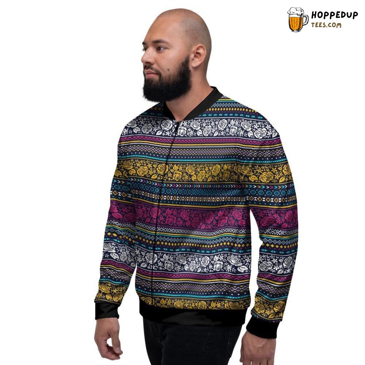 Abstract Floral Rose Multicolor Tribal Aztec Men’s Bomber Jacket Art Fusion