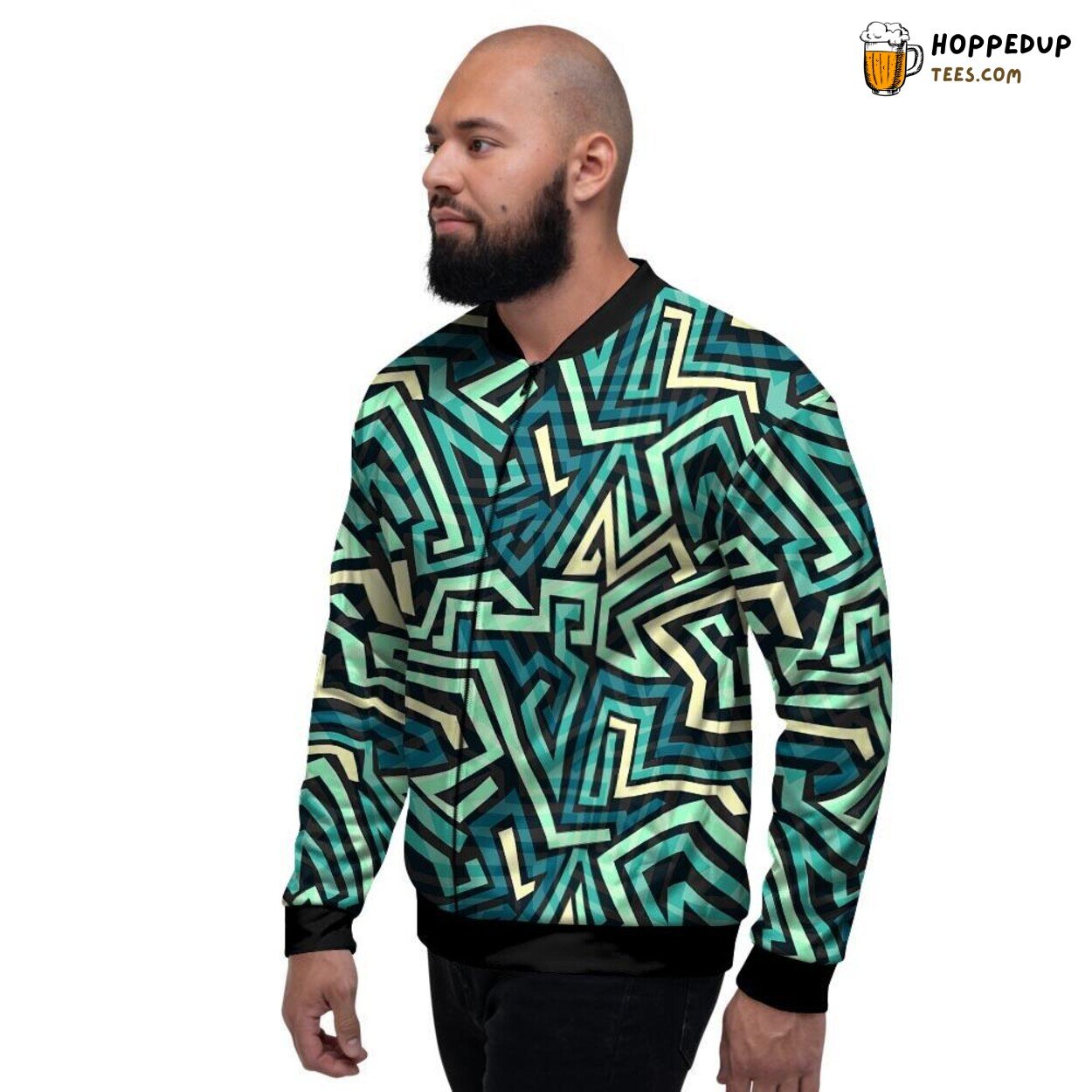 Abstract Geometric Patterns in Vibrant Green Men’s Bomber Jacket Modern Art