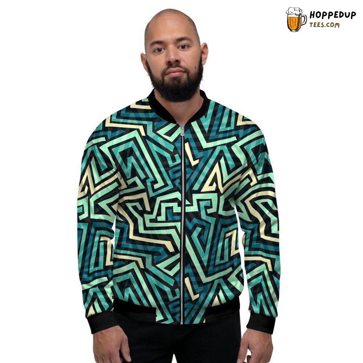 Abstract Geometric Patterns in Vibrant Green Men’s Bomber Jacket Modern Art