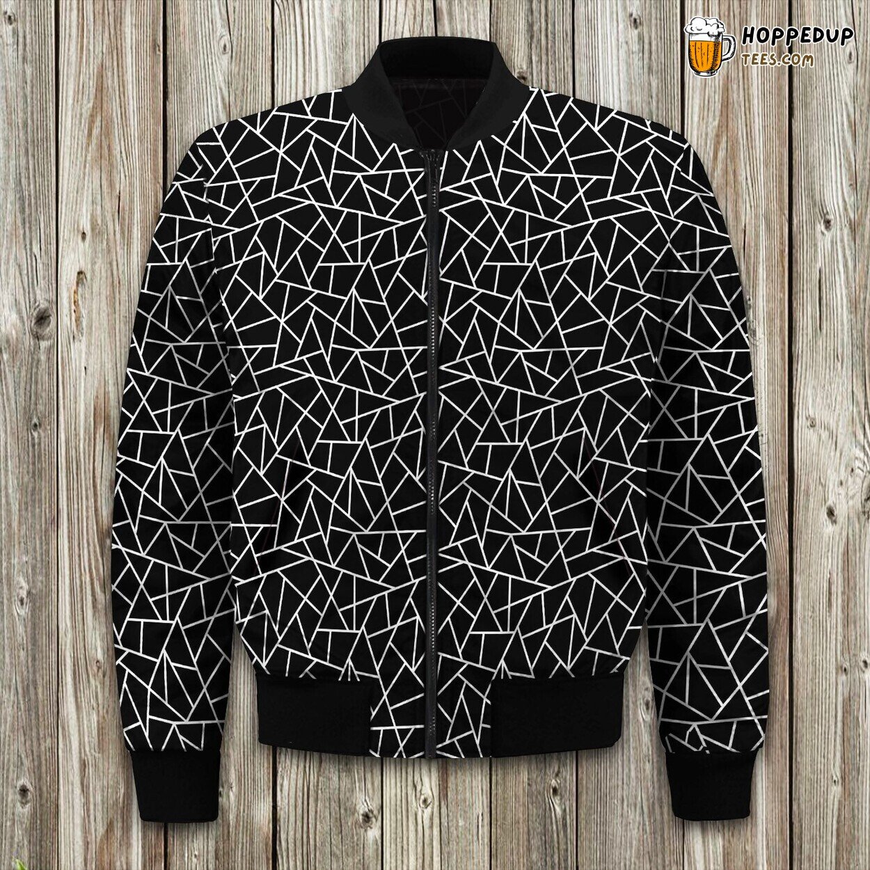 Abstract Geometric White On Black Large Bomber Jacket