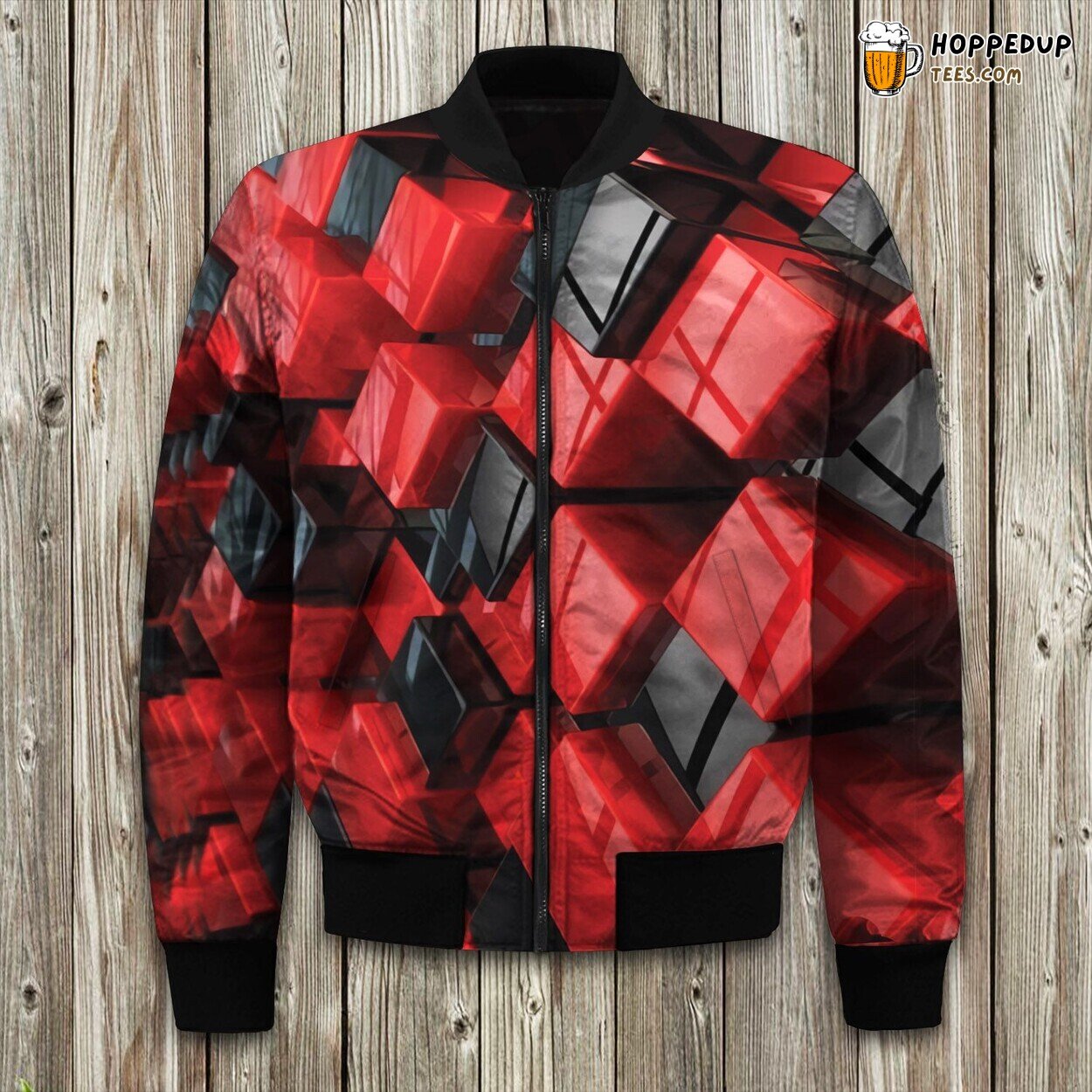 Abstract Red Black Cubes Box Bomber Jacket
