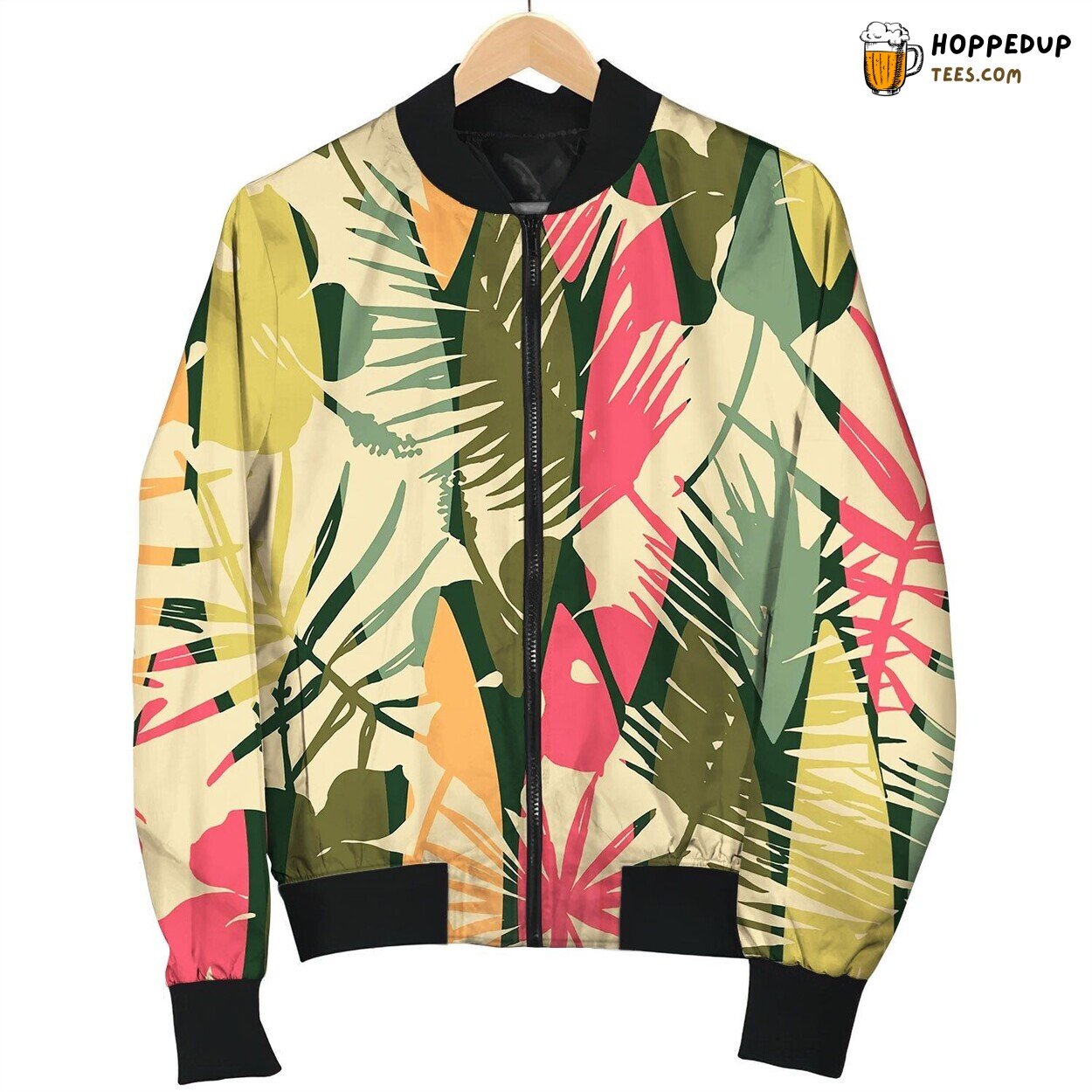 Abstract Seamless Pattern With Tropical Leaves Smile Bomber Jacket