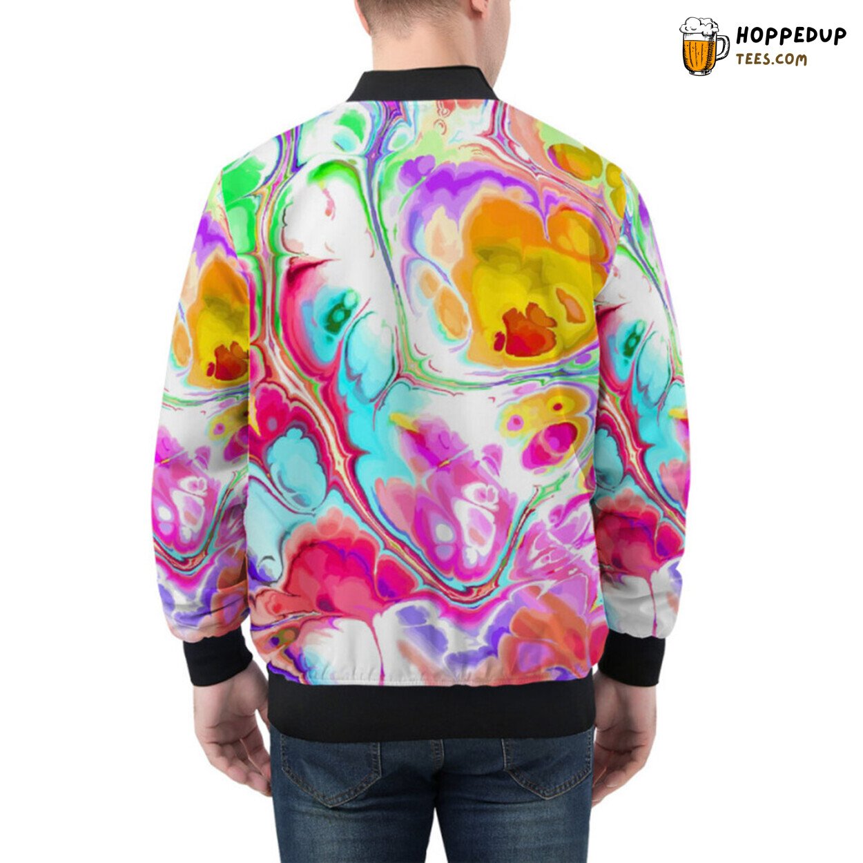 Acrylic Craftsmanship in Cellular Flowing Marble Pattern Bomber Jacket