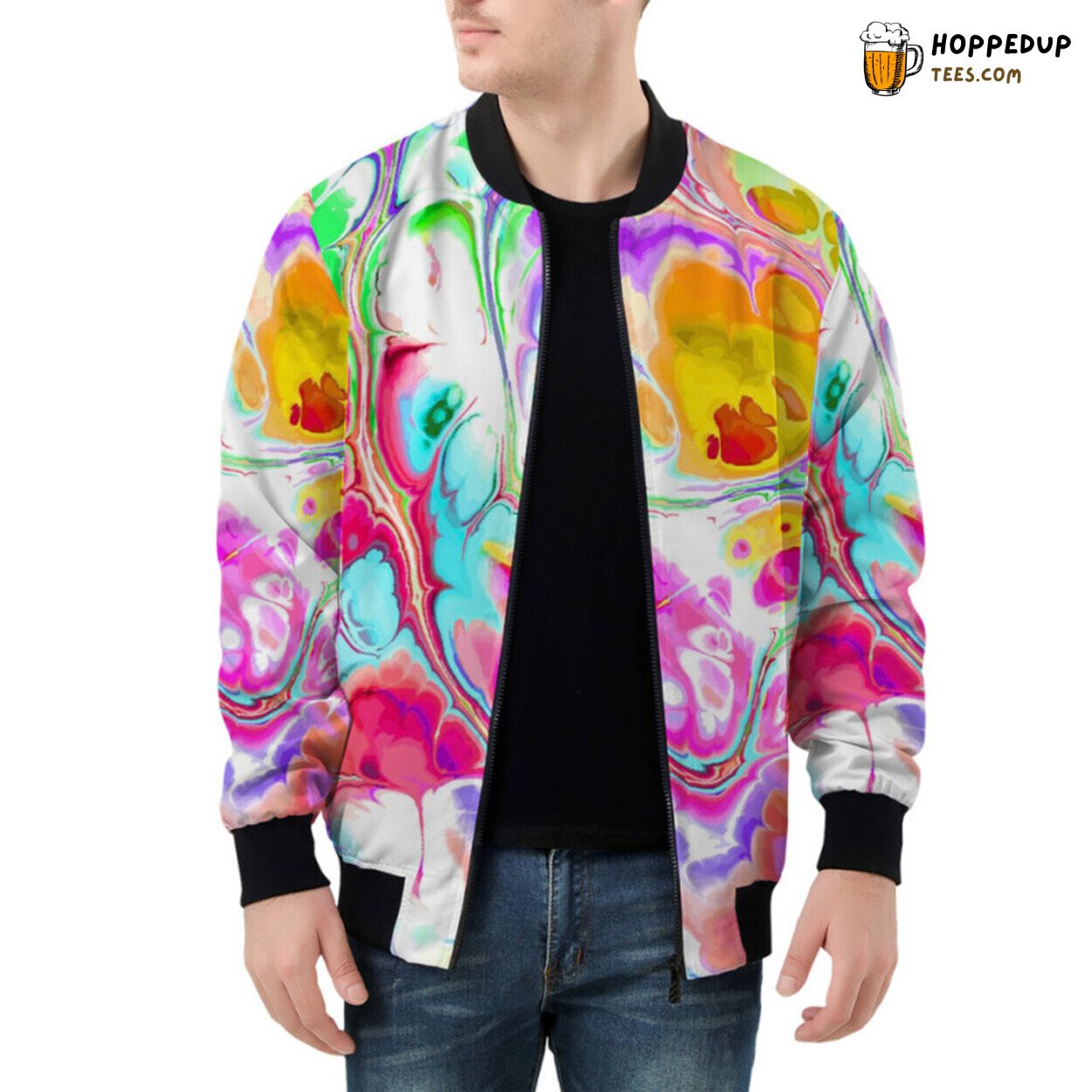 Acrylic Craftsmanship in Cellular Flowing Marble Pattern Bomber Jacket