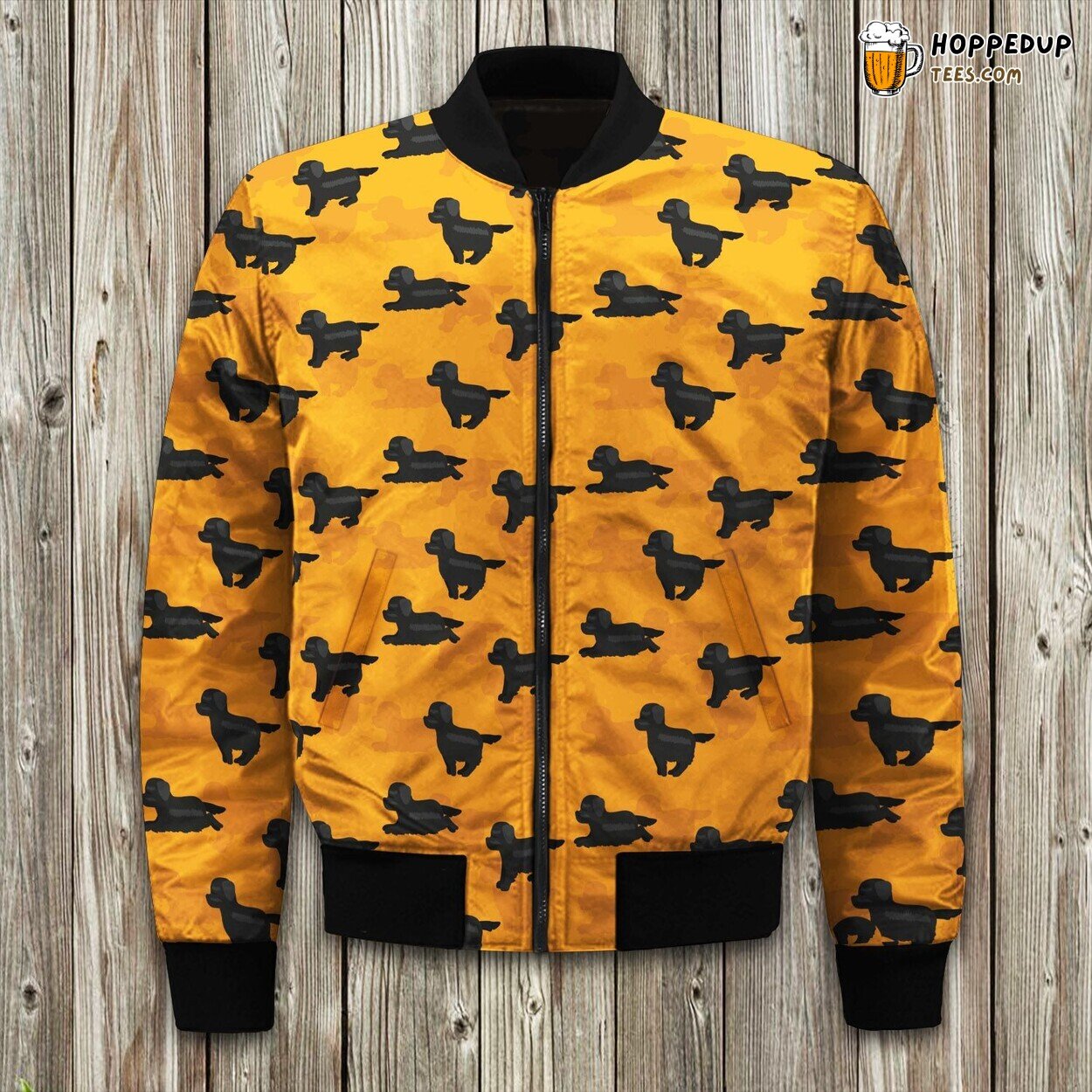 Adorable Baby Black Newfoundland Running Orange Background Bomber Jacket