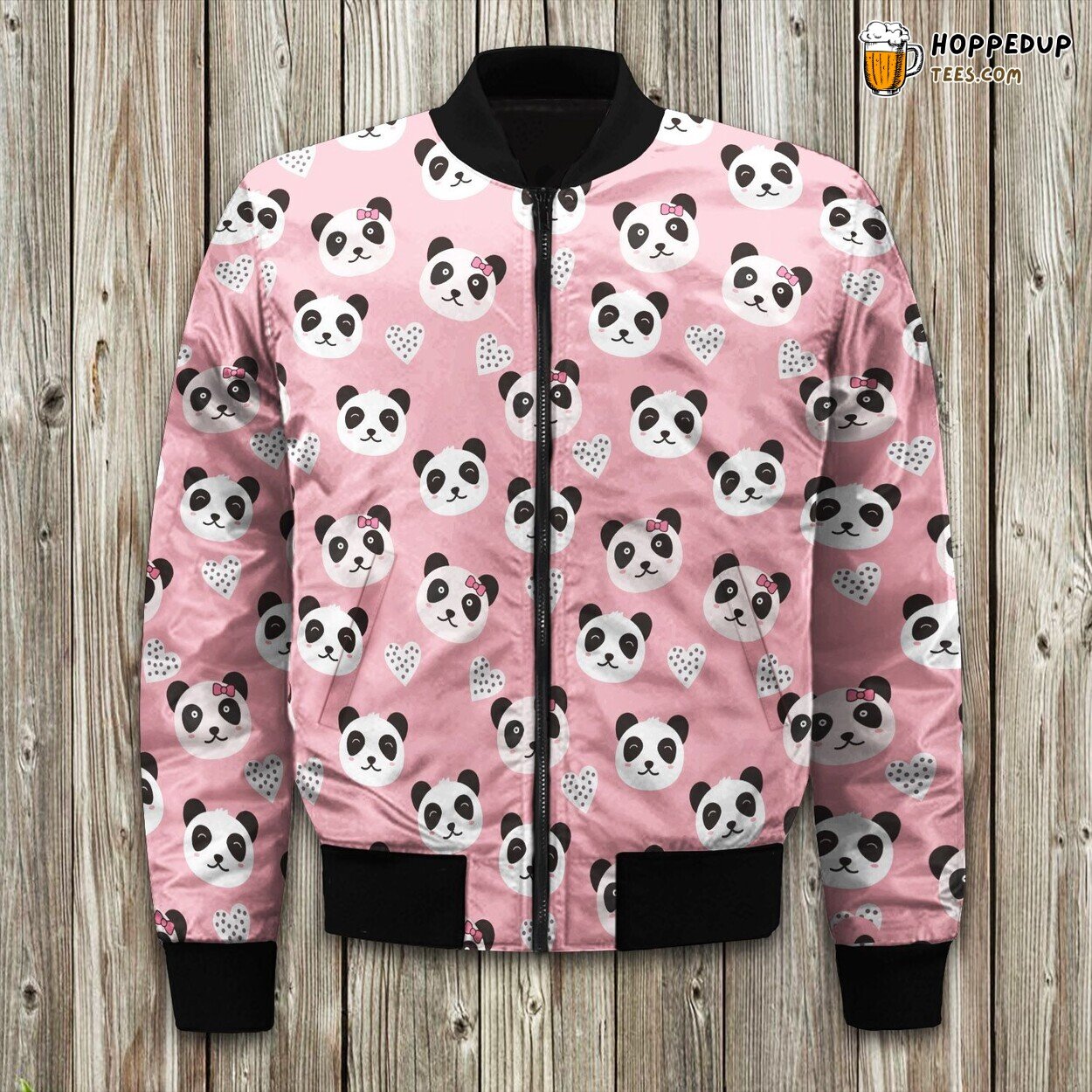Adorable Couple Panda Heart Wearing Bow Bomber Jacket