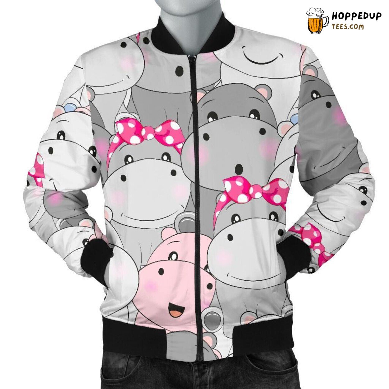Adorable Hippo Charm Men’s Bomber Jacket Unique Design Pattern Display Art
