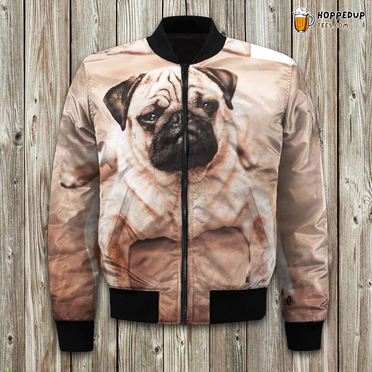 Adorable Pug Dog Pose Bomber Jacket Winter’s Canine Charm in Stylish Fabric