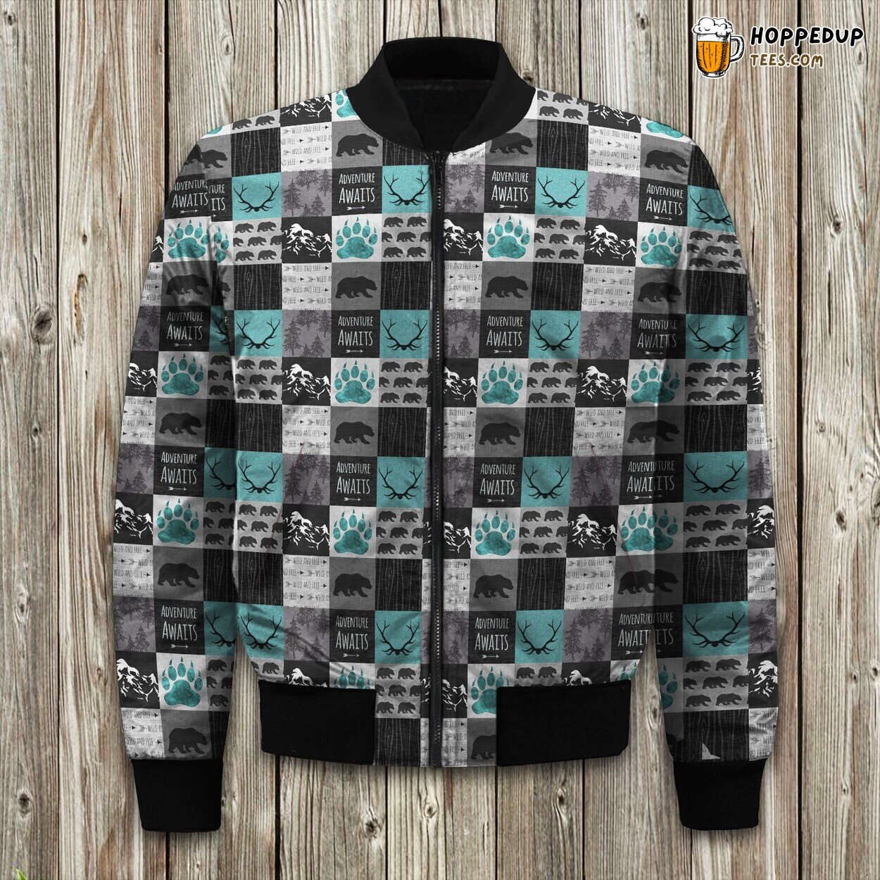 Adventure Bears Teal Grey Black Bomber Jacket