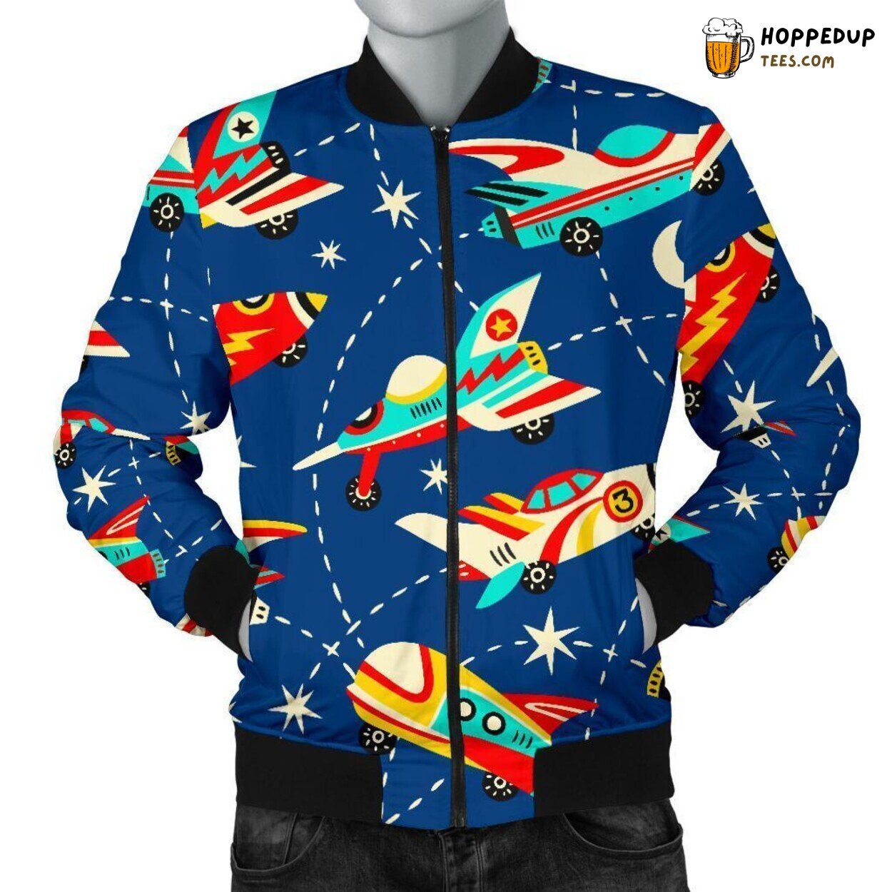 Airplane Sky Travel Design Men’s Bomber Jacket Distinct Pattern Showcase