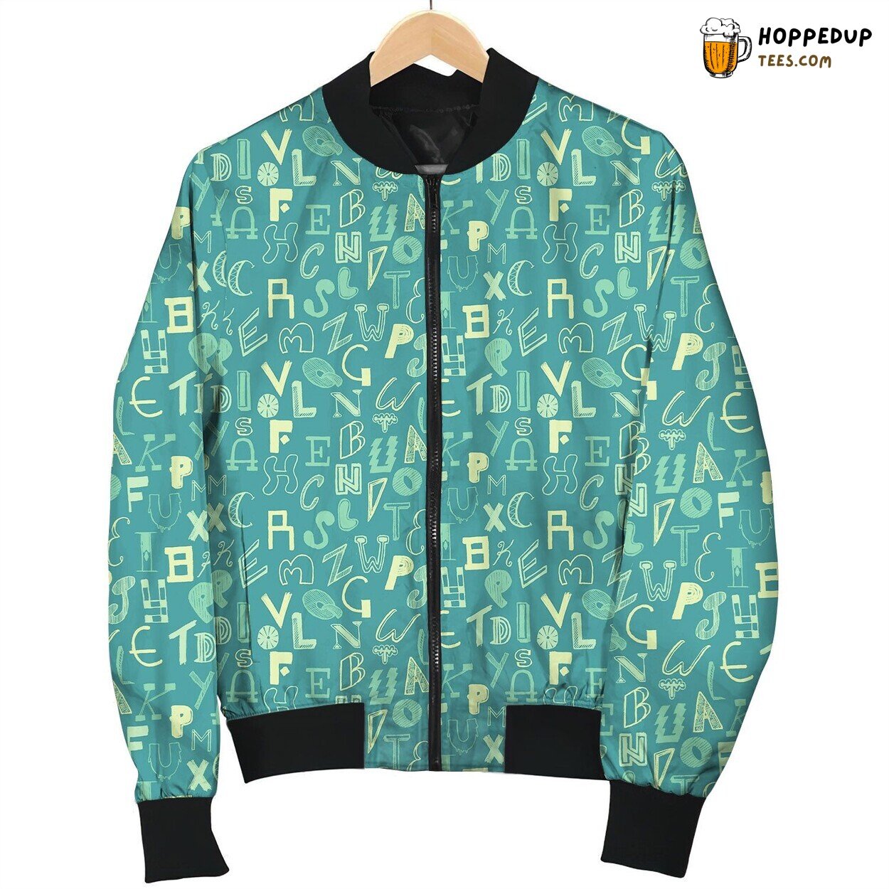 Alpha Green Letters Pattern Bomber Jacket