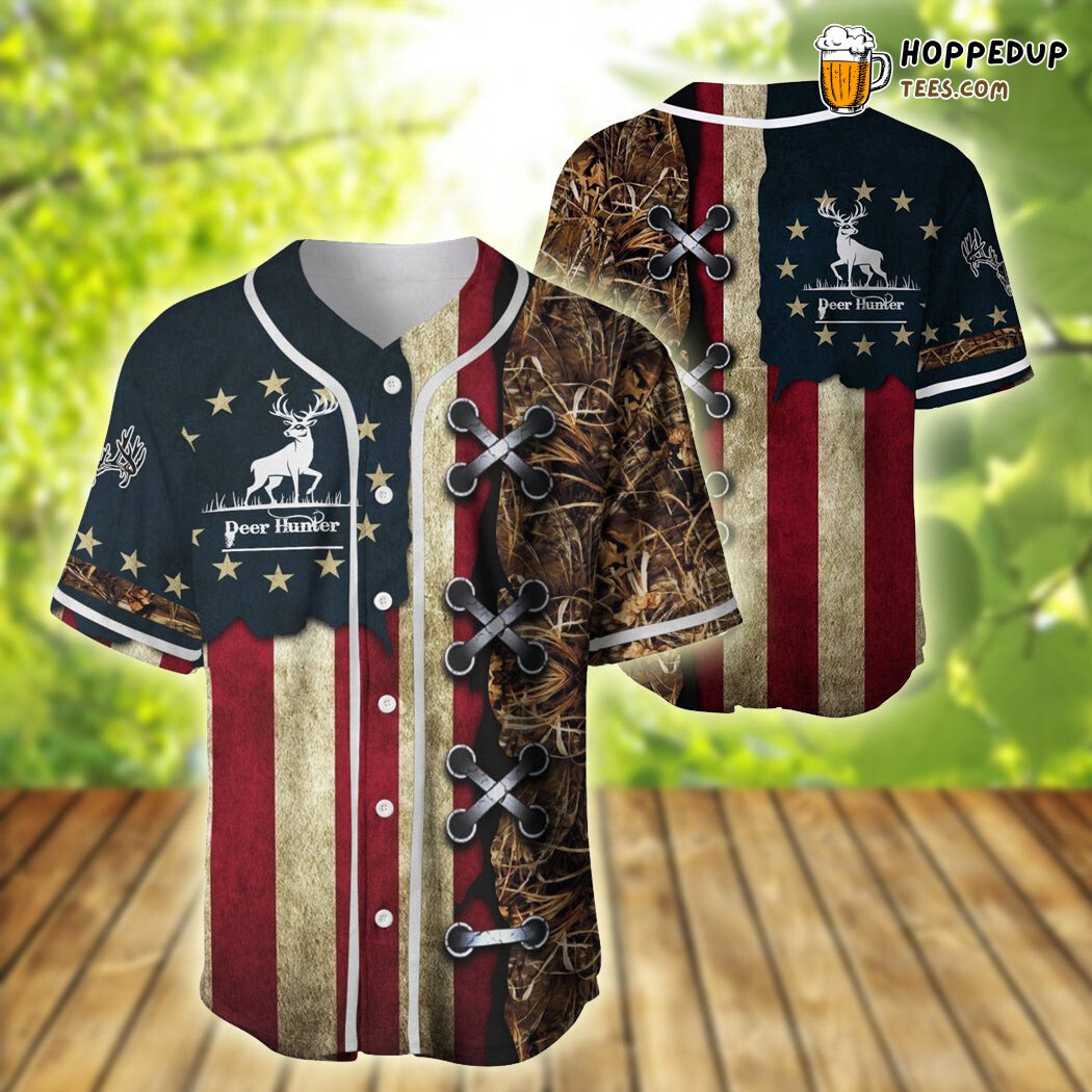 American Hunting Deer Flag Baseball Tee Jersey Shirts 3D