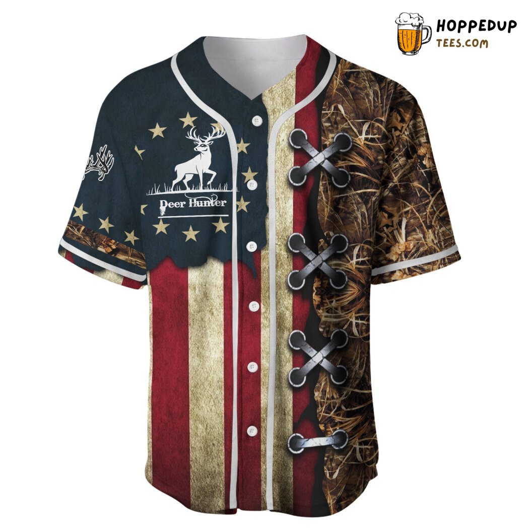 American Hunting Deer Flag Baseball Tee Jersey Shirts 3D