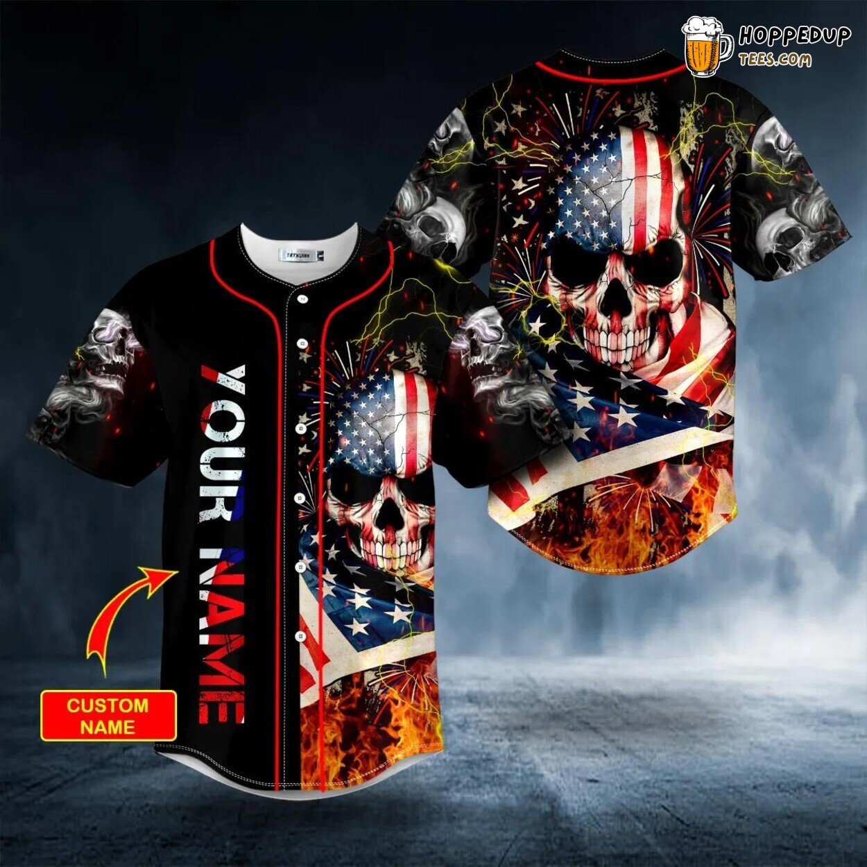 American Pride Lightning Fire Skull Baseball Jersey Viking 3D Print Edition