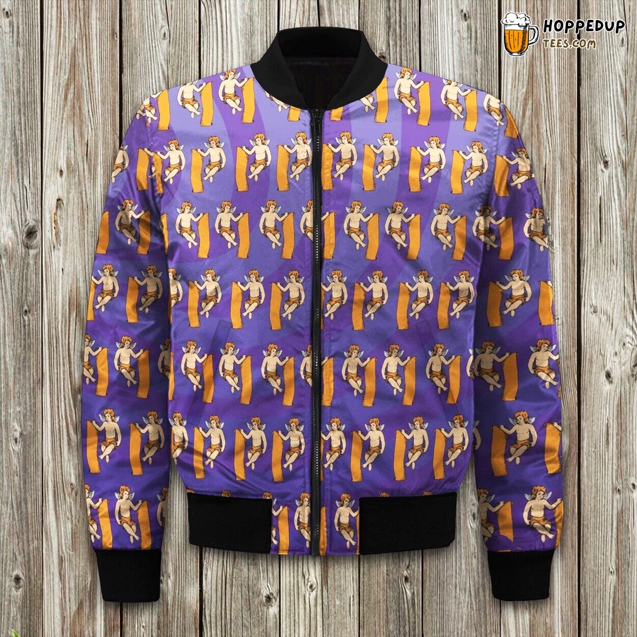 Angel Patterned Winter Bomber Jacket Tailored Elegance Unique Design