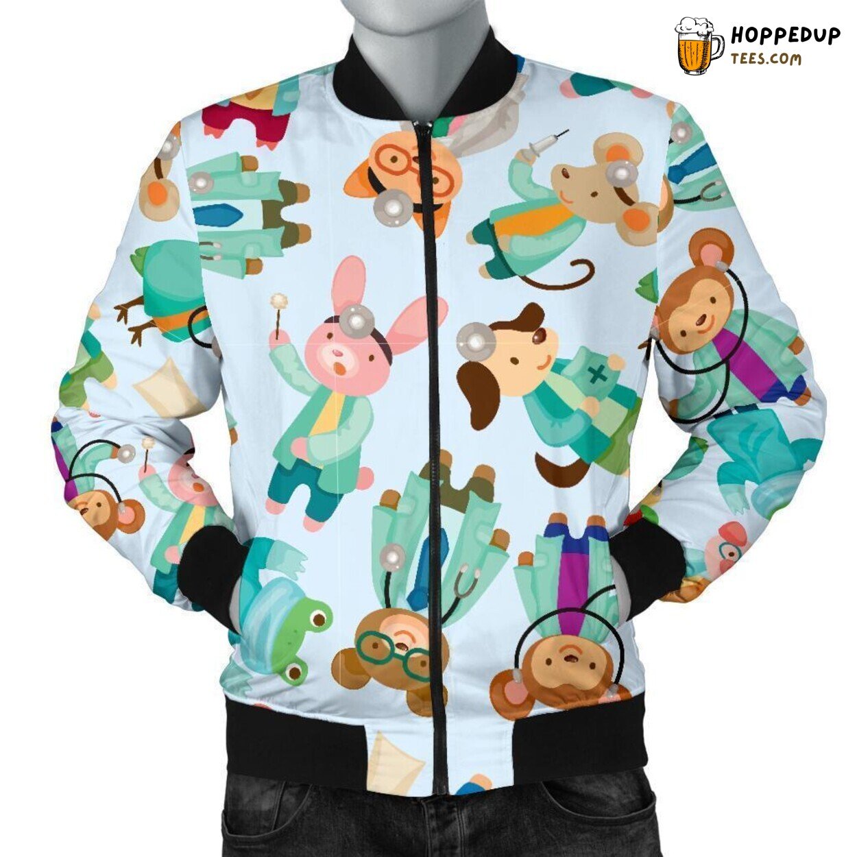 Animal Nurse Themed Pattern Print on Men’s Bomber Jacket