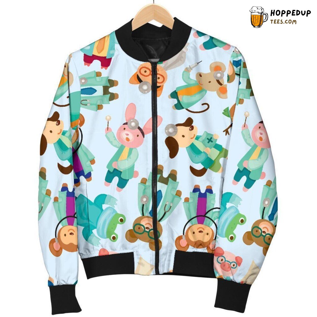 Animal Nurse Themed Pattern Print on Men’s Bomber Jacket Animal Nurse Themed Pattern Print on Men’s Bomber Jacket