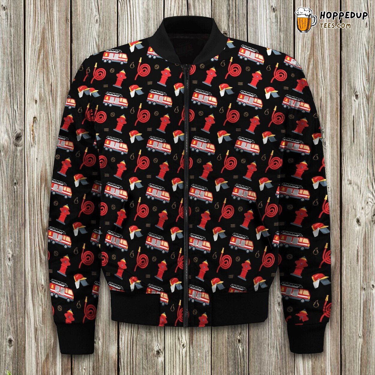 Animation Fire Truck Water Fire Hose Seamless On Black Background Bomber Jacket