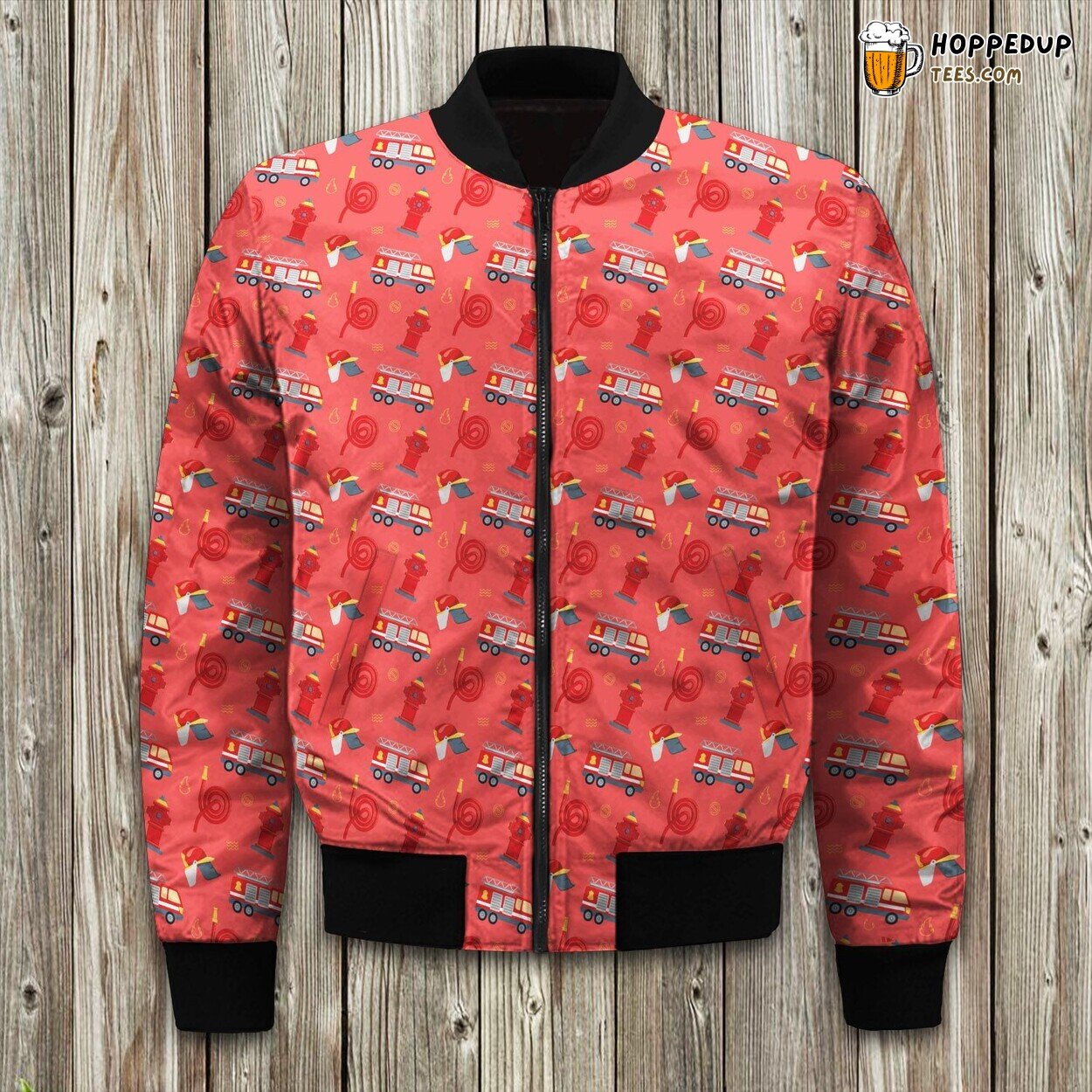 Animation Fire Truck Water Fire Hose Seamless On Pink Background Bomber Jacket