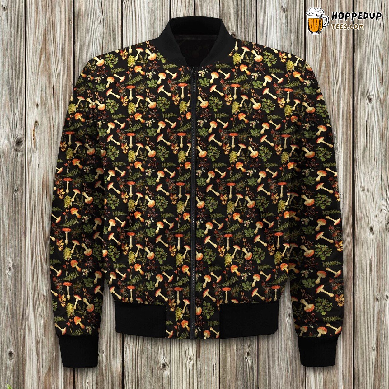 Antique Black Mushroom Harvest Forest Fabric Winter Bomber Jacket Collection