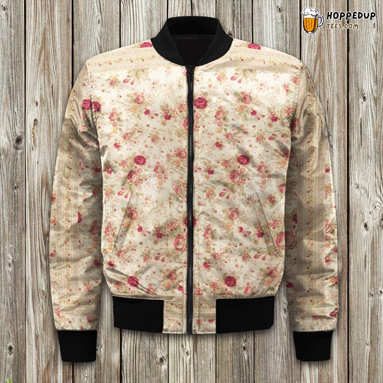 Antique Rose Design Bomber Jacket Vintage Floral Winter Elegance