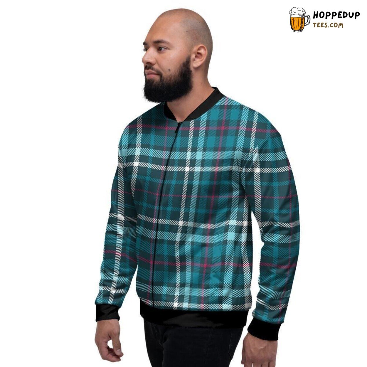 Aqua Blue Classic Tartan Plaid Pattern Men’s Bomber Jacket Vintage Design Art