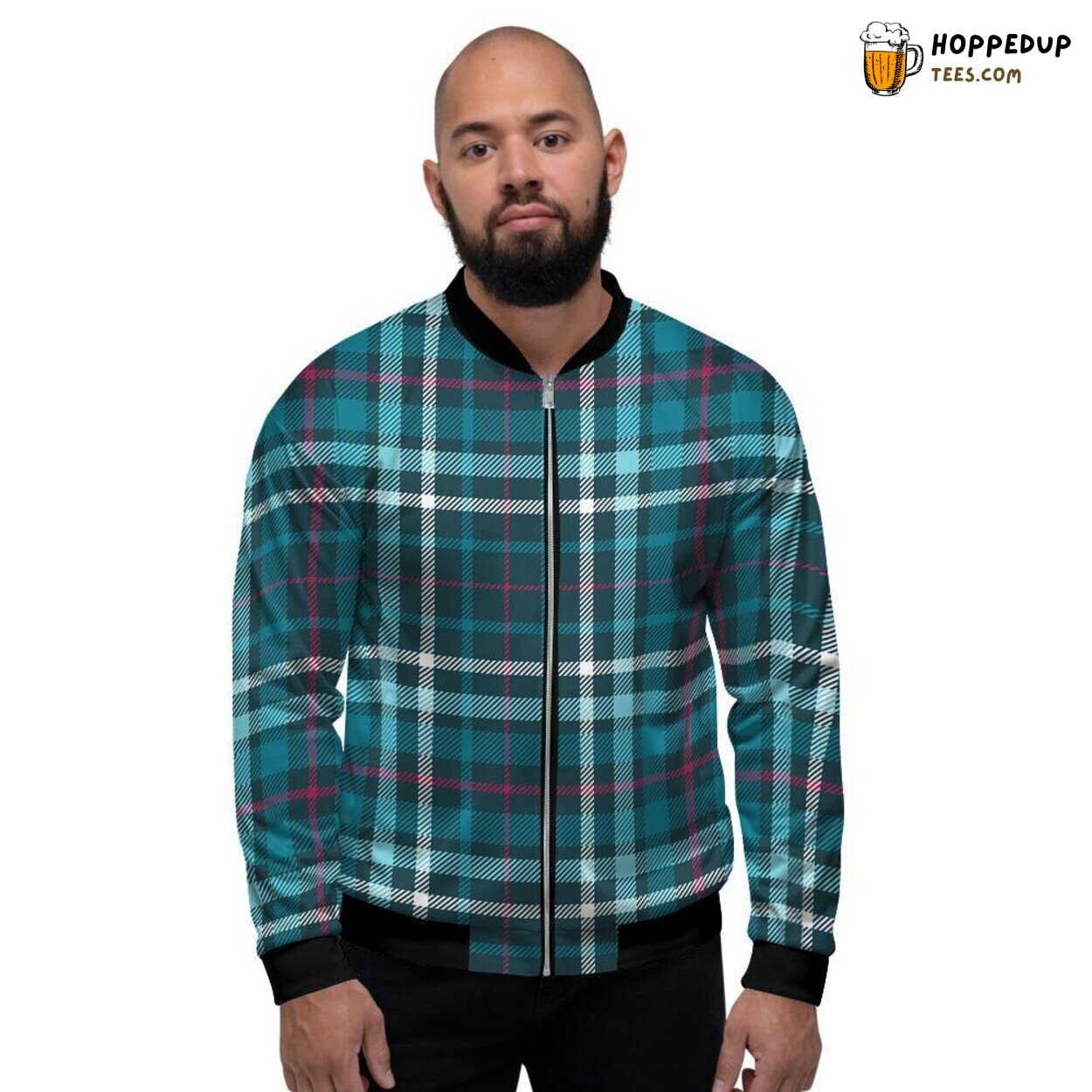 Aqua Blue Classic Tartan Plaid Pattern Men’s Bomber Jacket Vintage Design Art