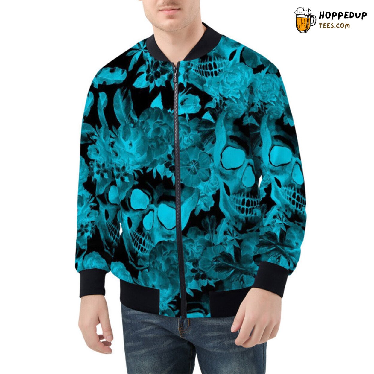 Aqua Blue Skulls Elegantly Adorned by Blooming Flowers Bomber Jacket