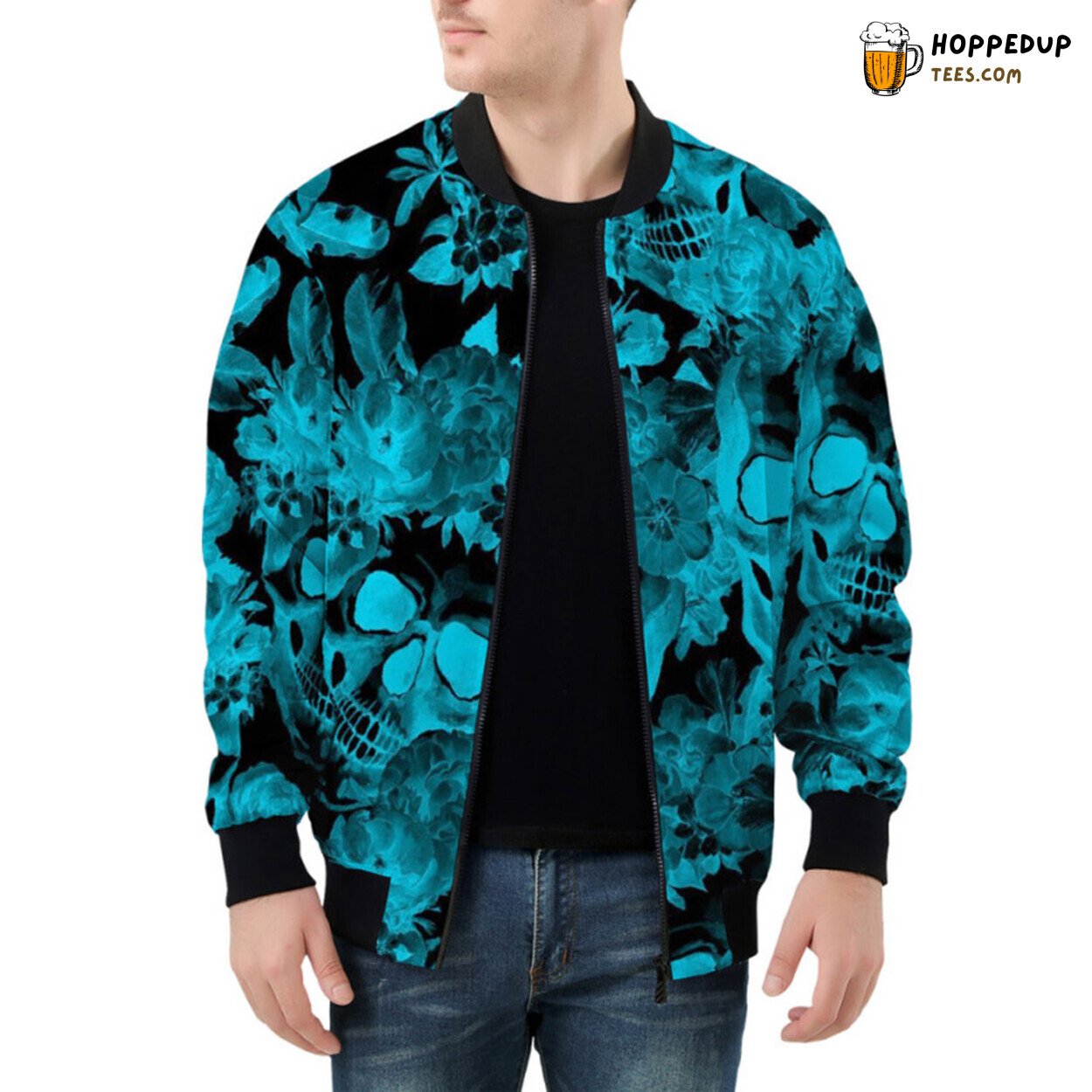 Aqua Blue Skulls Elegantly Adorned by Blooming Flowers Bomber Jacket