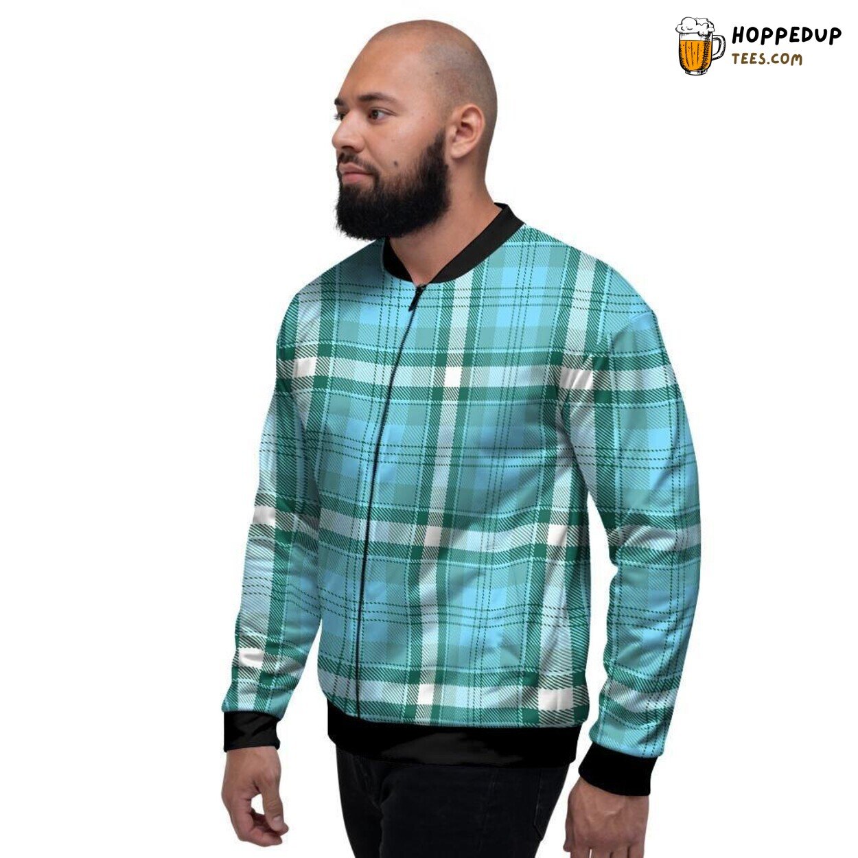 Aqua Blue Tartan Plaid Design Men’s Bomber Jacket Vibrant Scottish Fashion Look
