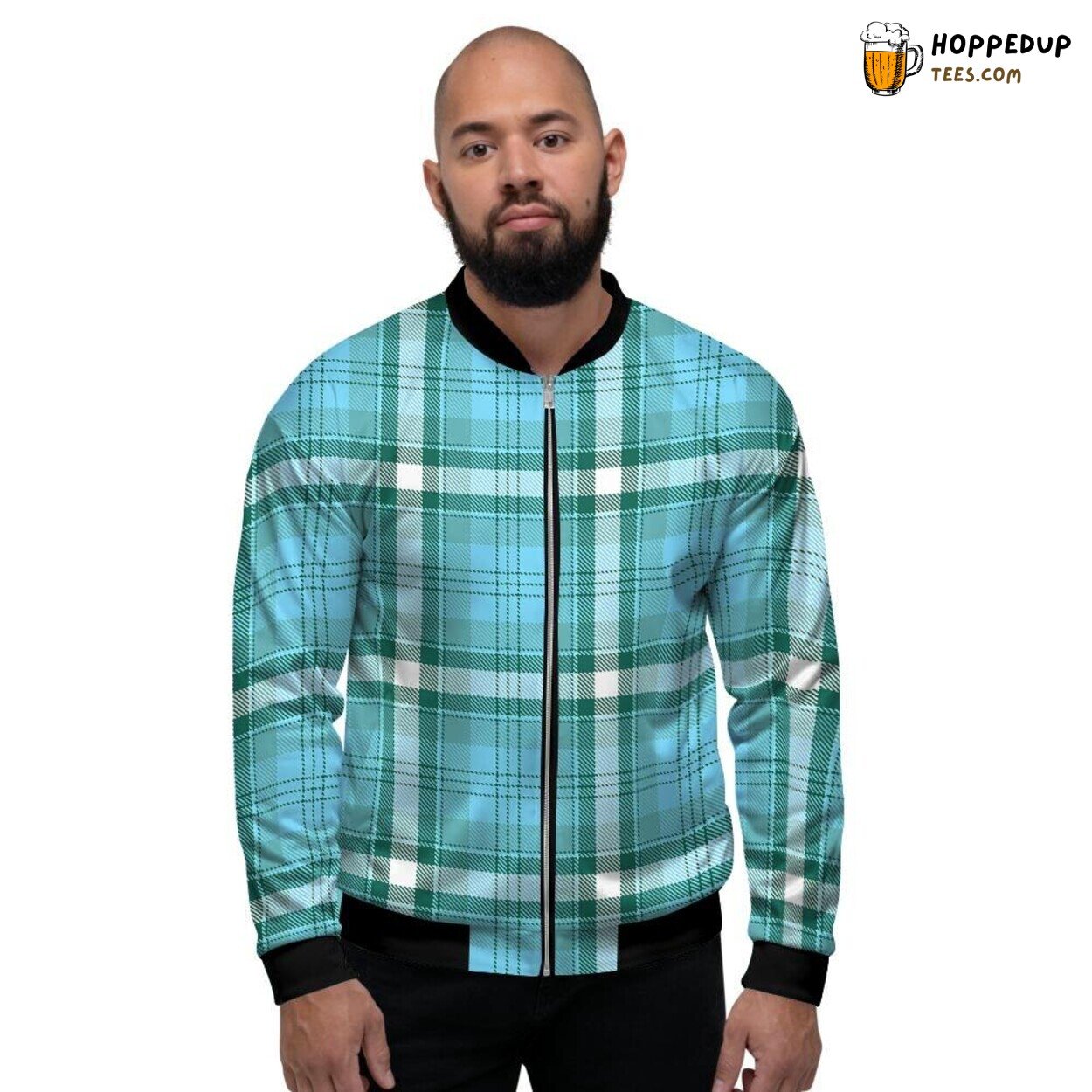 Aqua Blue Tartan Plaid Design Men’s Bomber Jacket Vibrant Scottish Fashion Look