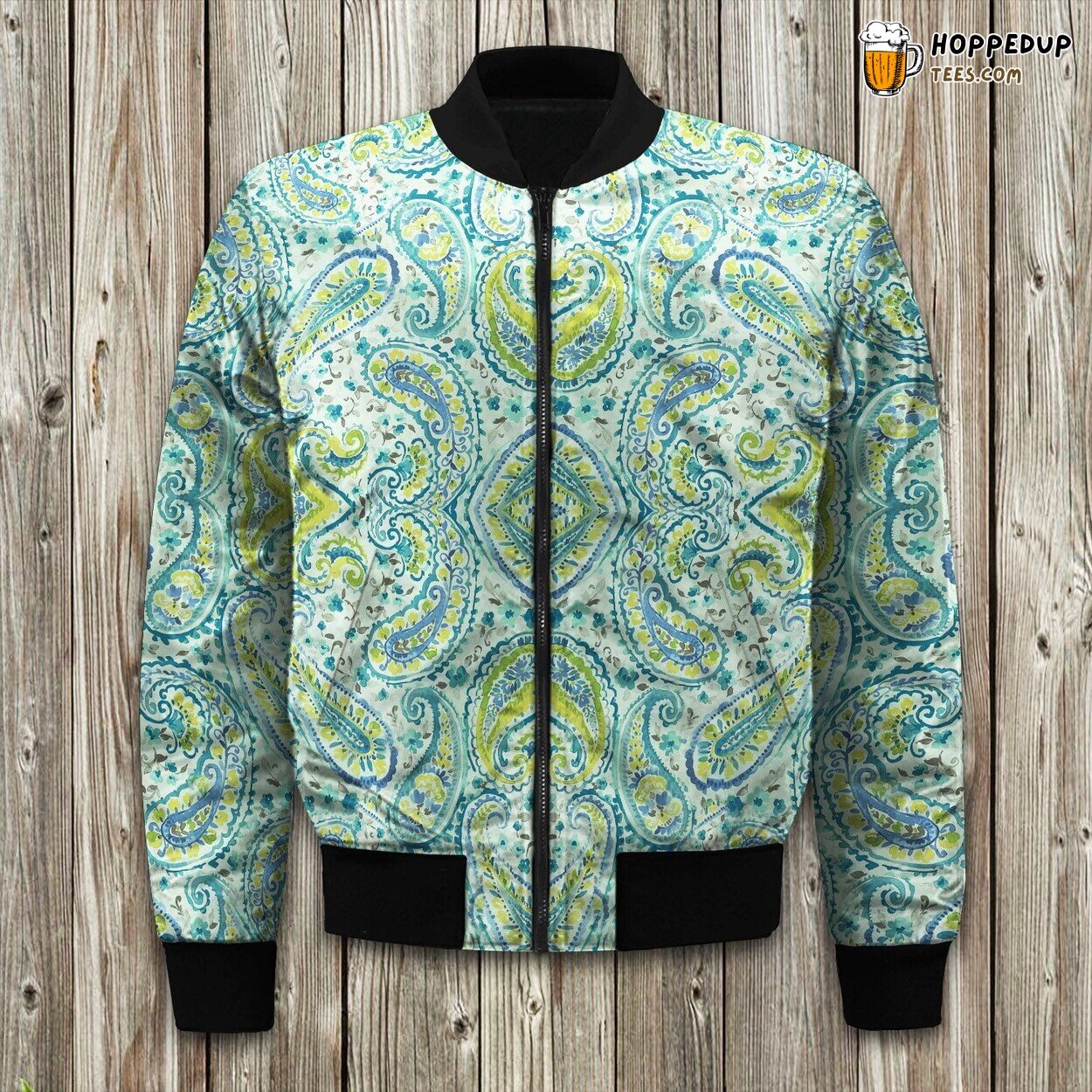 Aqua Paisley Design Winter Bomber Jacket Tailored Unique Elegance Craft