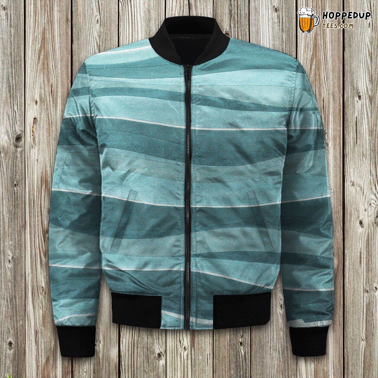Aqua Wave Themed Winter Bomber Jacket Tailored Elegance Unique Craftsmanship