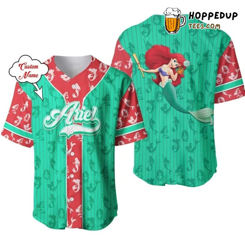 Ariel Princess The Little Mermaid 3D Pinstripe Baseball Jersey Green