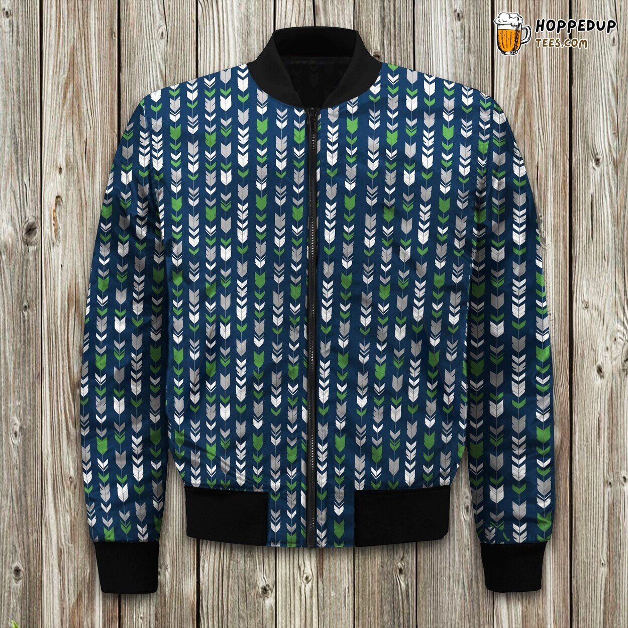 Arrow Feathers Seahawks Green Grey On Navy Bomber Jacket