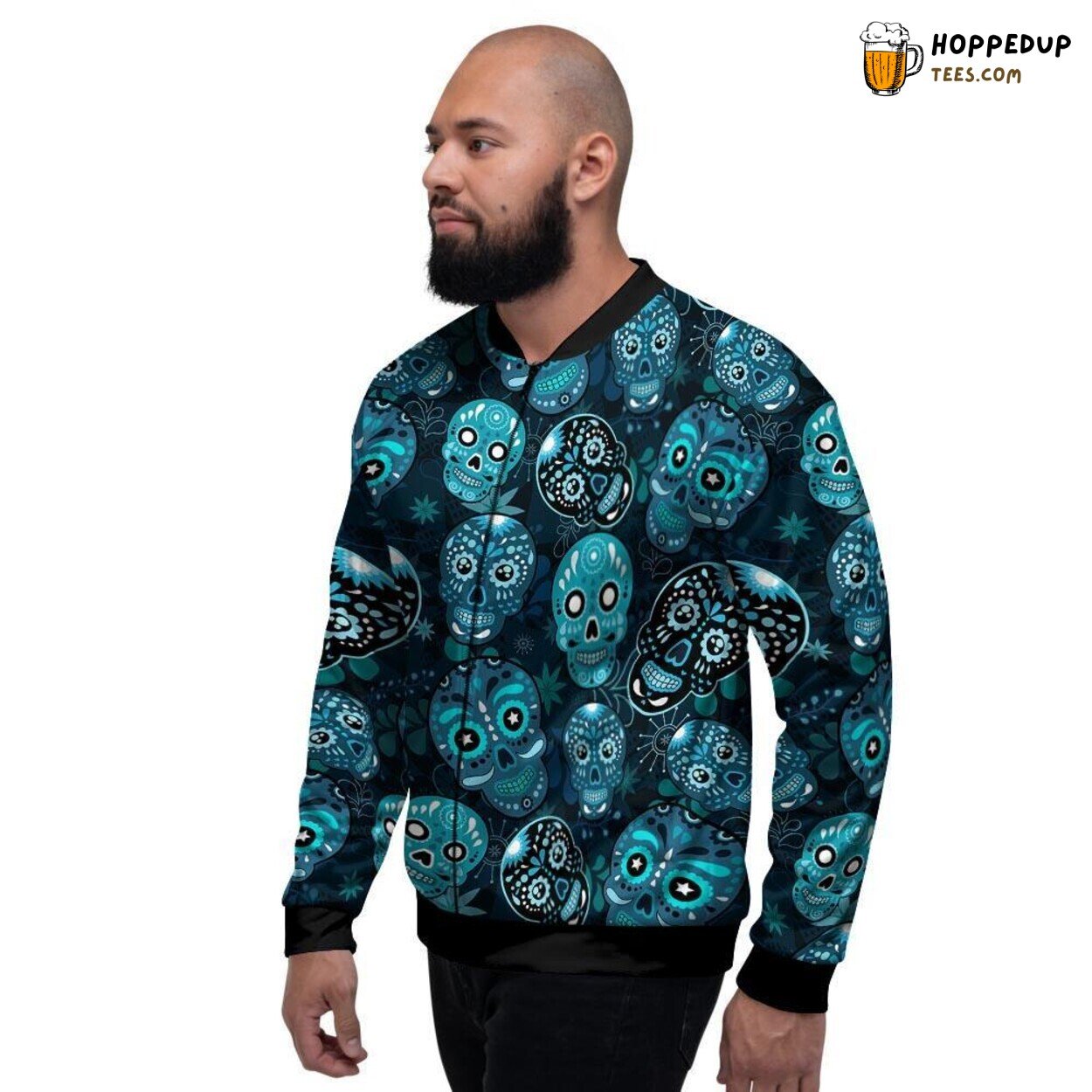 Artistic Blue Sugar Skull Design Print Men’s Bomber Jacket Day of Dead Tribute