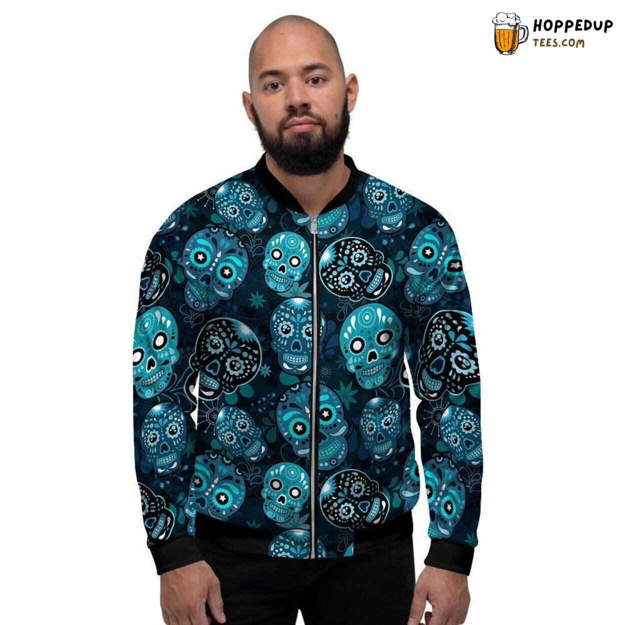 Artistic Blue Sugar Skull Design Print Men’s Bomber Jacket Day of Dead Tribute