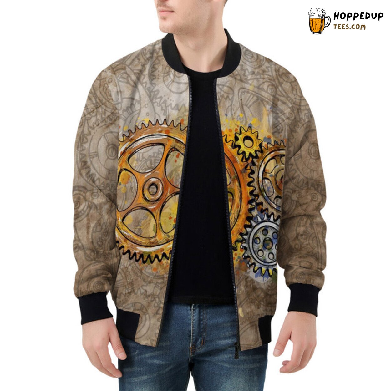 Artistic Fusion Steampunk Gears Merged Watercolor Technique Bomber Jacket