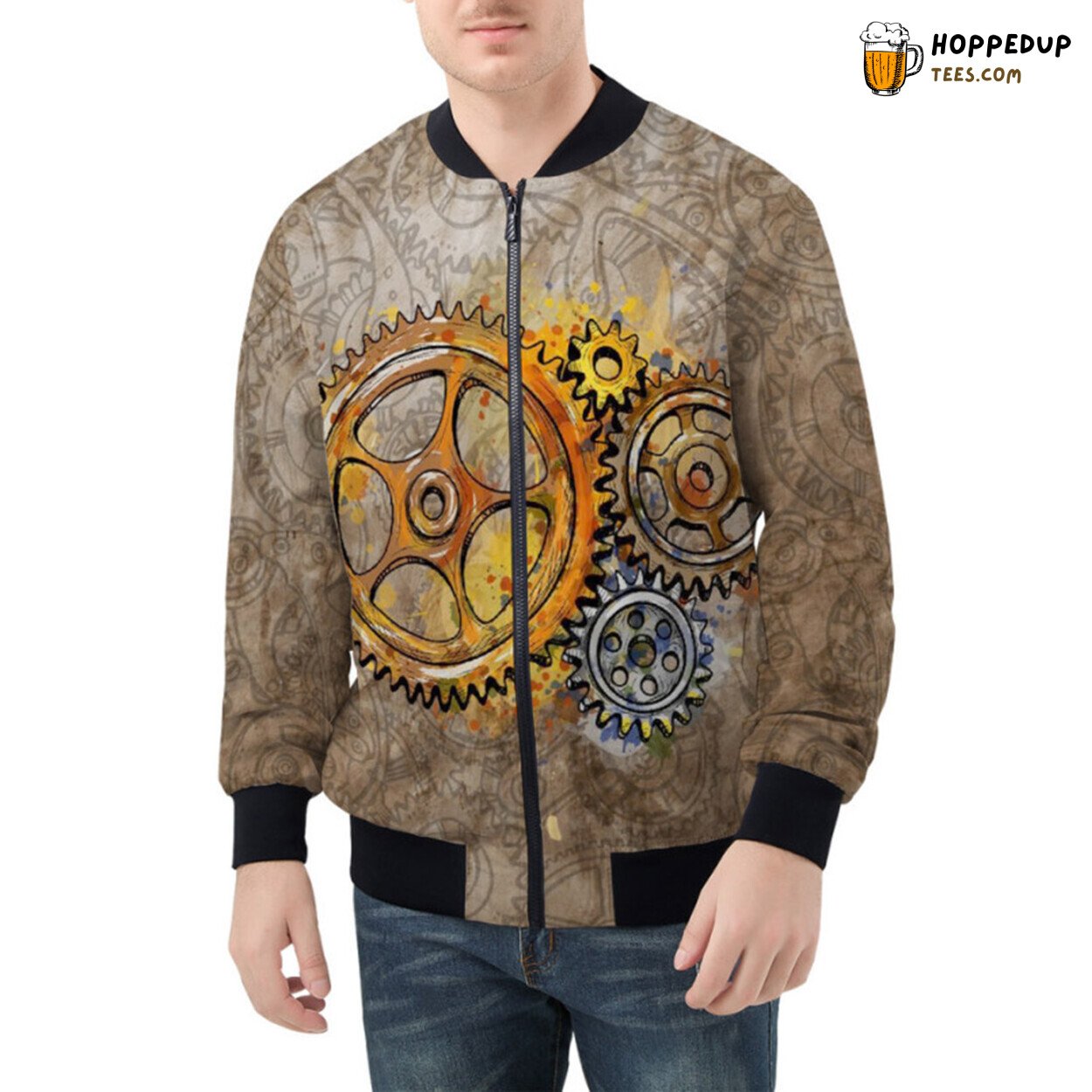 Artistic Fusion Steampunk Gears Merged Watercolor Technique Bomber Jacket