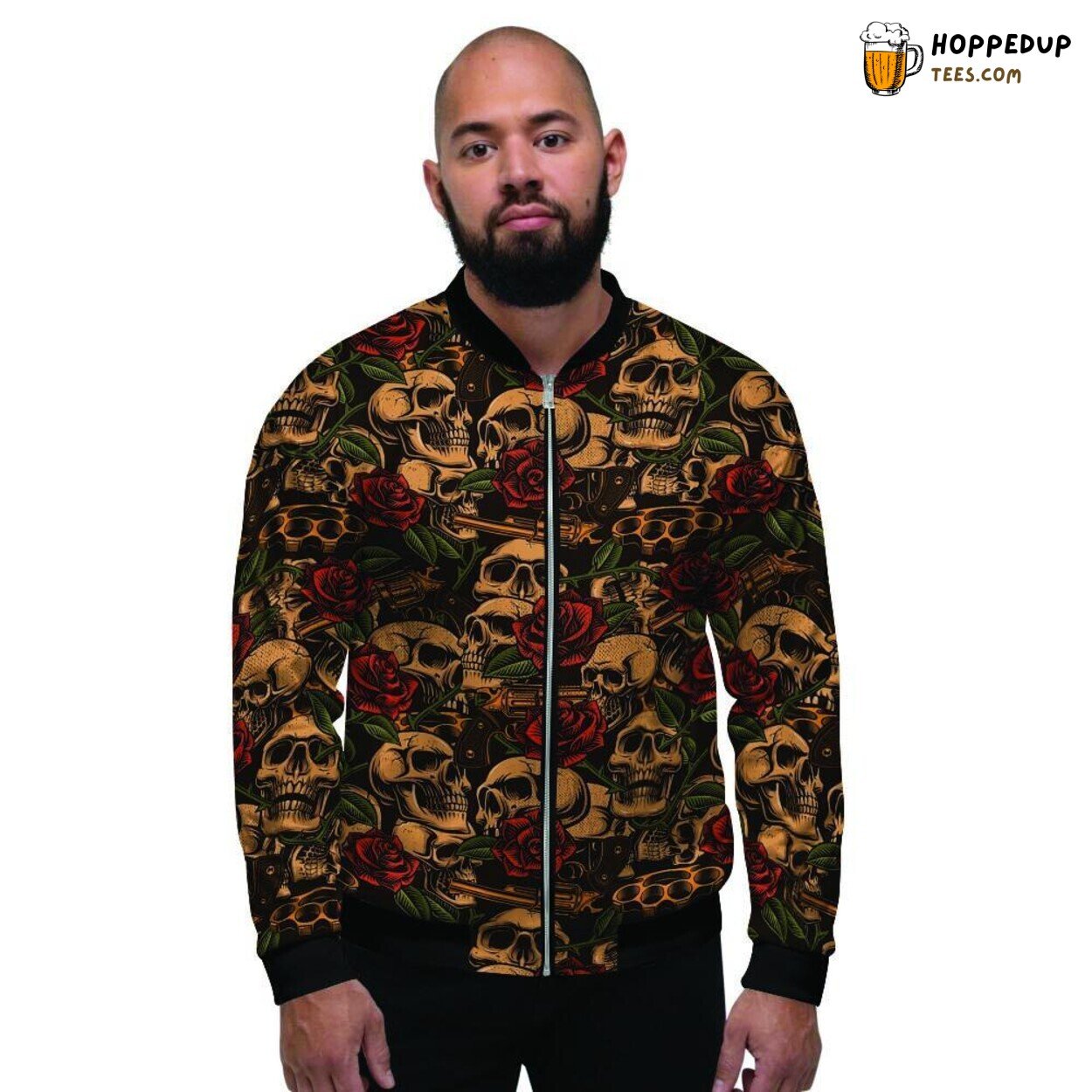 Artistic Gun Amidst Blooming Roses Skull Men’s Bomber Jacket Dark Elegance